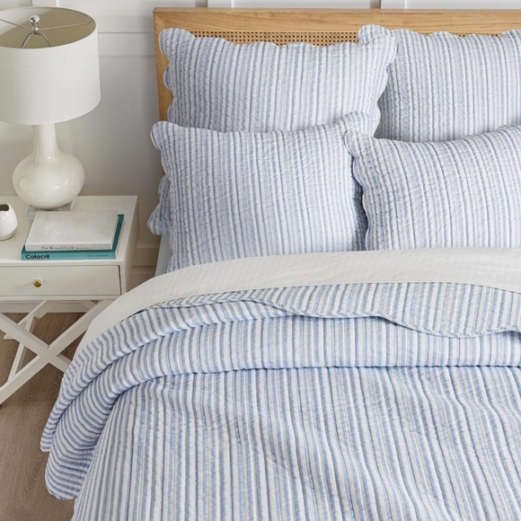 Midnight Gypsies Other - 🆕 PB Style Blue & White Striped Cotton Quilt Coverlet Scalloped Trim Set NWT